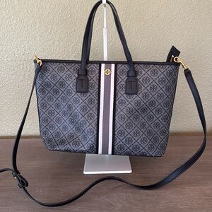 Tory Burch T Monogram coated canvas tote. Top zip closure,top carry hand…